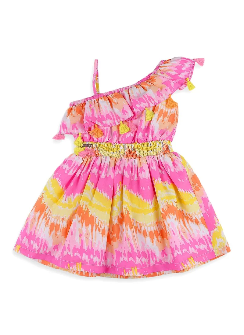 Nautinati  Girls' Cotton Blend One-shoulder Multicolour Abstract Tie-dye Print Fit & Flare Smocked Dress for Women | Best Price UAE